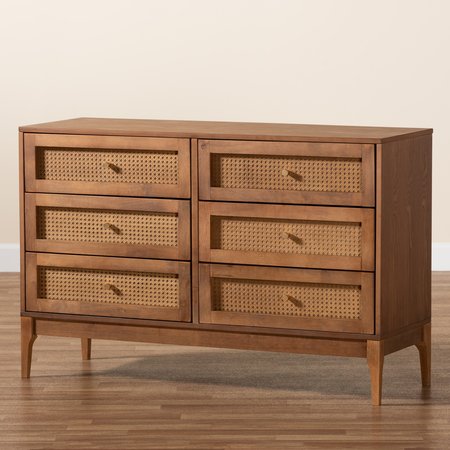 Baxton Studio Ramiel MidCentury Modern Ash Walnut Finished Wood and Rattan 6Drawer Dresser 215-12427-ZORO